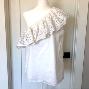 Parker White One Shoulder Ruffle Eyelet Blouse - Medium
